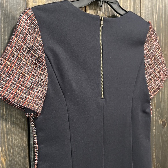 41 Tweed Fringe Blouse M Red Black Shimmer Gold Top Zipper Stretch Office Boho - Picture 8 of 12